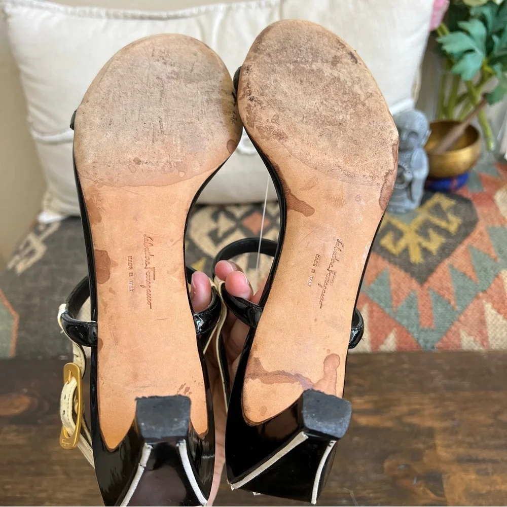 Salvatore Ferragamo Black Leather White Trim Strappy Slingback Sandals 9.5B